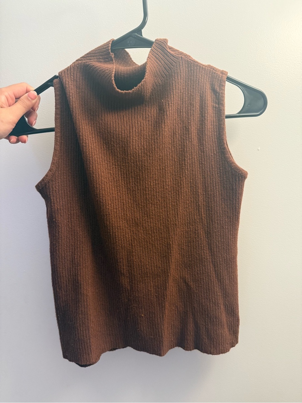 Brown Sleeveless High Neck Wool Top